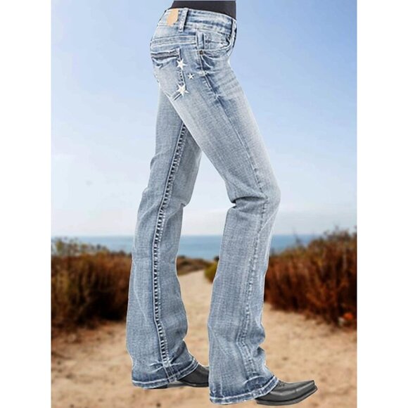 Women Bootcut Jeans Embroidered Wash High-Waist Denim Pants Large - Picture 2 of 5